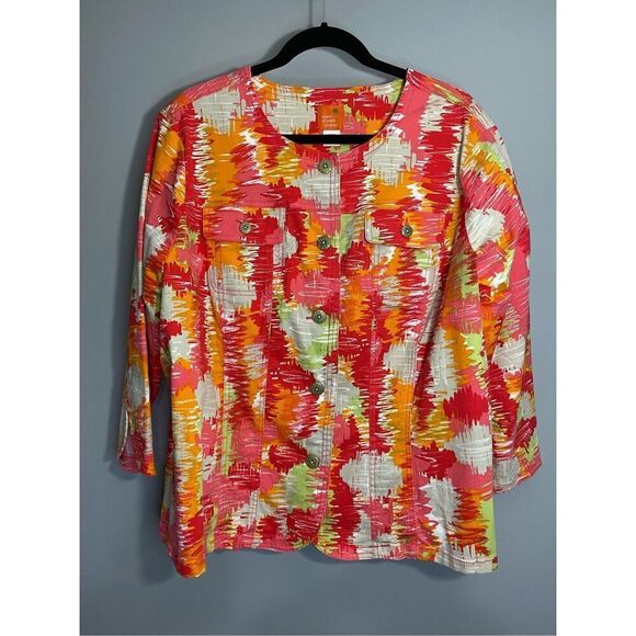 Size 20W, hearts of palm woman, jean jacket with vibrant pattern.  Like new. - Picture 1 of 10